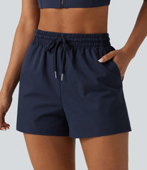 High Waisted Drawstring Stretchy Poplin Workout Baggy Shorts with Pockets