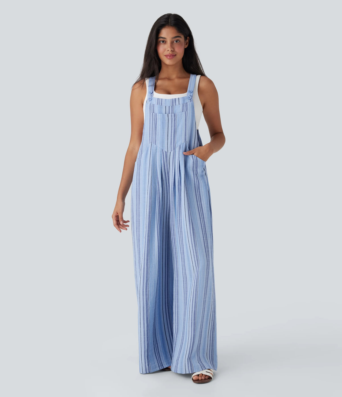 Stripe Wide Leg Flowy Casual Linen-Feel Overalls with Pockets