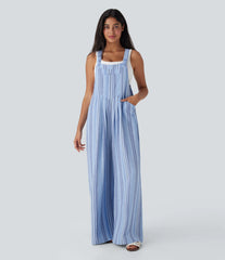 Stripe Wide Leg Flowy Casual Linen-Feel Overalls with Pockets