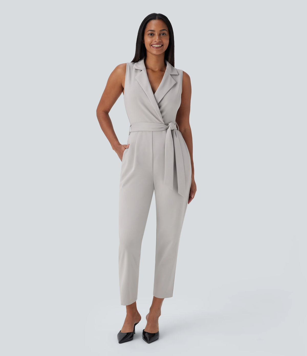 Sleeveless Pockets Belted Tapered Work Jumpsuit
