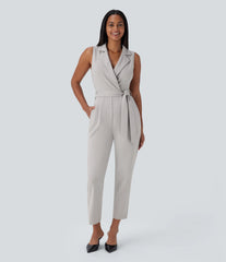 Sleeveless Pockets Belted Tapered Work Jumpsuit