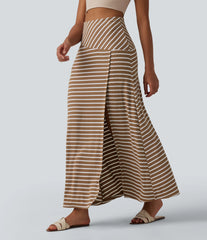 Ribbed Knit High Waisted Tummy Control Stripe Maxi Casual Skirt with Pocket