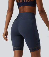 Halara UltraSculpt™ High Waisted Tummy Control Breathable Mesh Contrast Lace Yoag Biker Shorts 9'' with Pockets