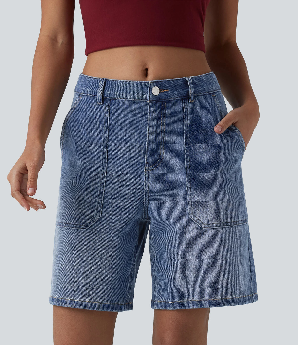 Halara Flex™ Mid Rise Washed Denim Casual Baggy Bermuda Shorts with Pockets