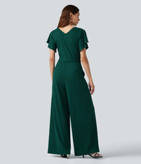 V Neck Short Sleeve Tie Side Baggy Casual Jumpsuit with Pockets-Easy Peezy Edition