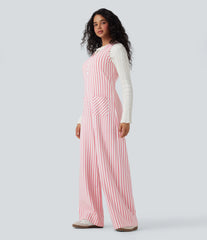 U-Neck Sleeveless Stripe Waffle Casual Jumpsuit with Pockets