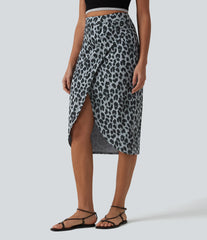 High Waisted Ruched Midi Leopard Print Waffle Casual Tulip Skirt