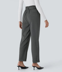 High Waisted Belted Pocket Straight Leg Work Pants