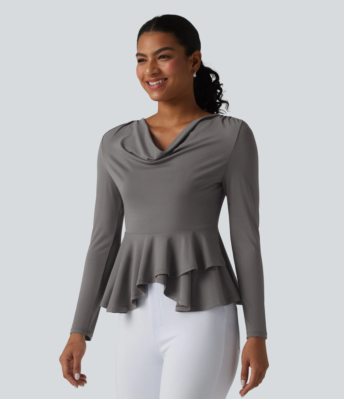 Cowl Neck Long Sleeve Ruffle Hem Work T-Shirt
