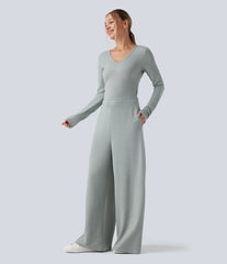 V Neck Long Sleeve Casual Jumpsuit with Pockets-Easy Peezy Edition