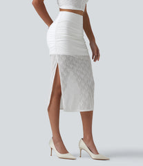 High-waisted 2-in-1 Ruched Split Bodycon Midi Bridesmaid And Wedding Guest Lace Skirt