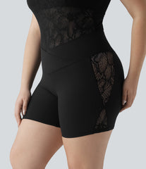 Plus Size SoftlyZero™ High Waisted Crossover Contrast Lace Yoga Biker Shorts 5'' with Pocket-UPF50+