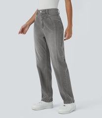 Halara Flex™ High Waisted Zipper Pockets Washed Casual Jeans