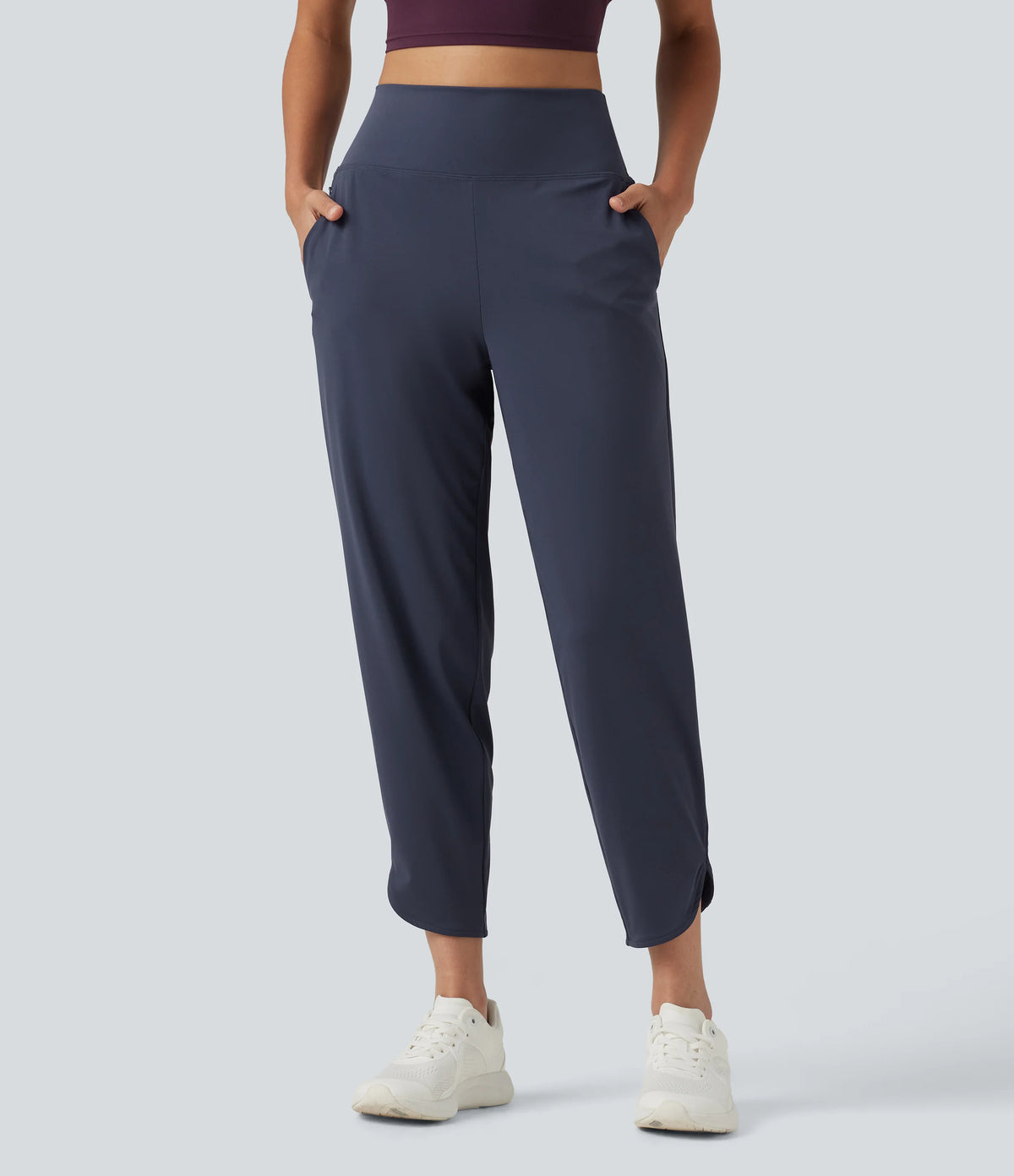 High Waisted Inner Drawstring Cropped Curved Hem InstantCool Quick Dry Running Pants with Pockets-UPF50+