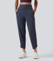 High Waisted Inner Drawstring Cropped Curved Hem InstantCool Quick Dry Running Pants with Pockets-UPF50+