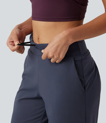 High Waisted Inner Drawstring Cropped Curved Hem InstantCool Quick Dry Running Pants with Pockets-UPF50+