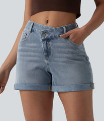 Halara Flex™ Asymmetric High Waisted Rolled Hem Washed Denim Casual Shorts with Pockets