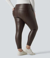 Plus Size High Waisted Tummy Control Stretchy PU Fleece 7/8 Skinny Casual Leggings with Pockets