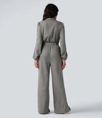 Half Zip Long Sleeve Wide Leg Casual Jumpsuit with Pockets-Easy Peezy Edition