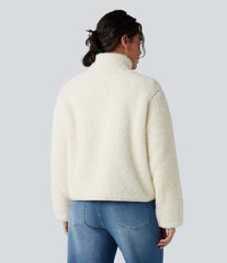 Stand Collar Long Sleeve Casual Sherpa Jacket with Pockets