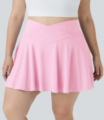 SoftlyZero™ Airy Comfy High Waisted Crossover 2-in-1 Pocket Plus Size Flare InstantCool Tennis Skirt-UPF50+