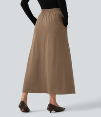 High Waisted Drawstring A Line Suede Midi Casual Skirt with Pockets