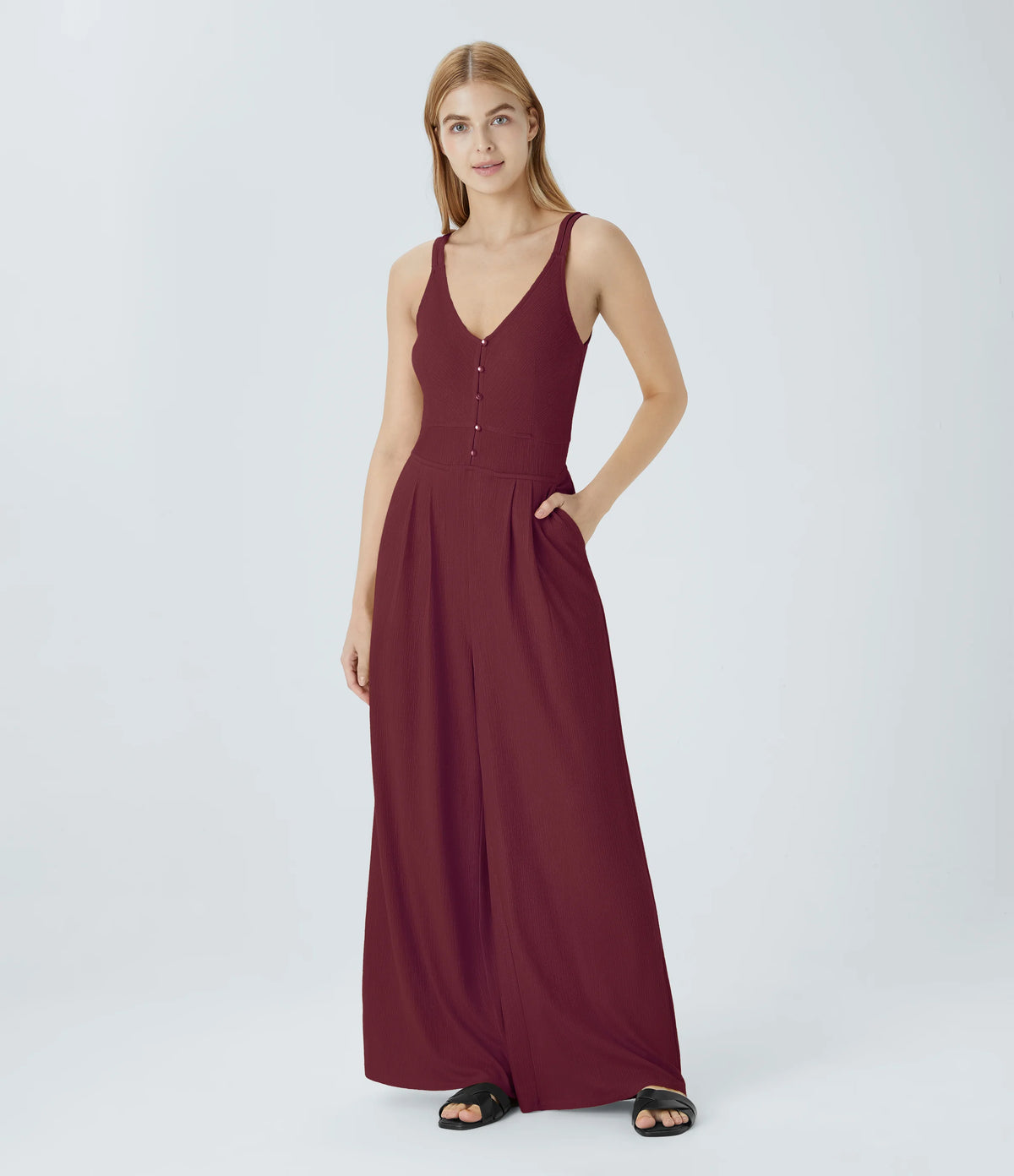 Double Straps V Neck Pocket Wide Leg Casual Jumpsuit