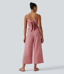 Tie Back Cut Out Stripe Linen-Feel Slip Jumpsuit with Pockets
