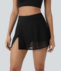 High Waisted 2-in-1 Pocket Contrast Mesh Mini Yoga Skirt