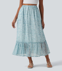 High Waisted Floral Print Flowy Midi Casual Skirt with Pockets