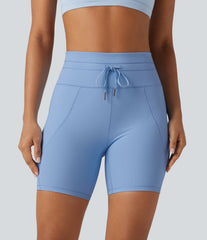 Ribbed Knit High Waisted Drawstring Quick Dry Yoga Biker Shorts 6'' with Pockets-UPF50+