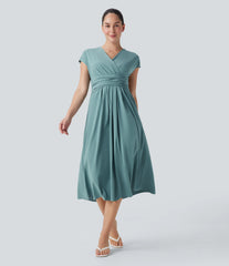 Breezeful™ V Neck Short Sleeve Pocket Tie Back Quick Dry Midi Casual Dress