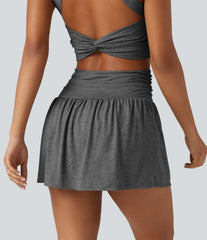 High Waisted Ruched Adjustable Buckle Mini 2-in-1 Workout A-Line Skirt with Pocket