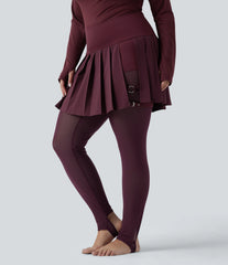 Breezeful™ High Waisted Pleated 2-in-1 Contrast Mesh Quick Dry Dance Plus Size Stirrup Skirted Leggings with Pockets