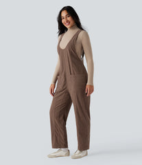 V Neck Corduroy Casual Overalls with Pockets