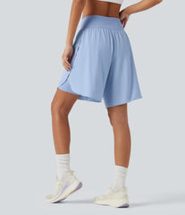 SoftlyZero™ QuickDry High Waisted Tummy Control Reflective Dots Crossover Hem 2-in-1 Running Shorts 9'' with Pockets