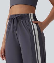 High Waisted Drawstring Colorblock Stripes Quick Dry Workout Cargo Pants with Pockets