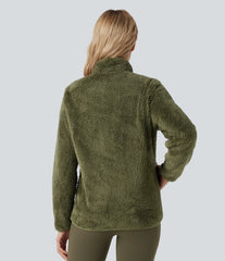 Stand Collar Long Sleeve Casual Sherpa Jacket with Pockets