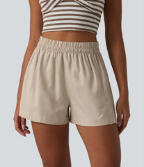 High Waisted Lyocell Linen-Blend Casual Baggy Shorts with Pockets