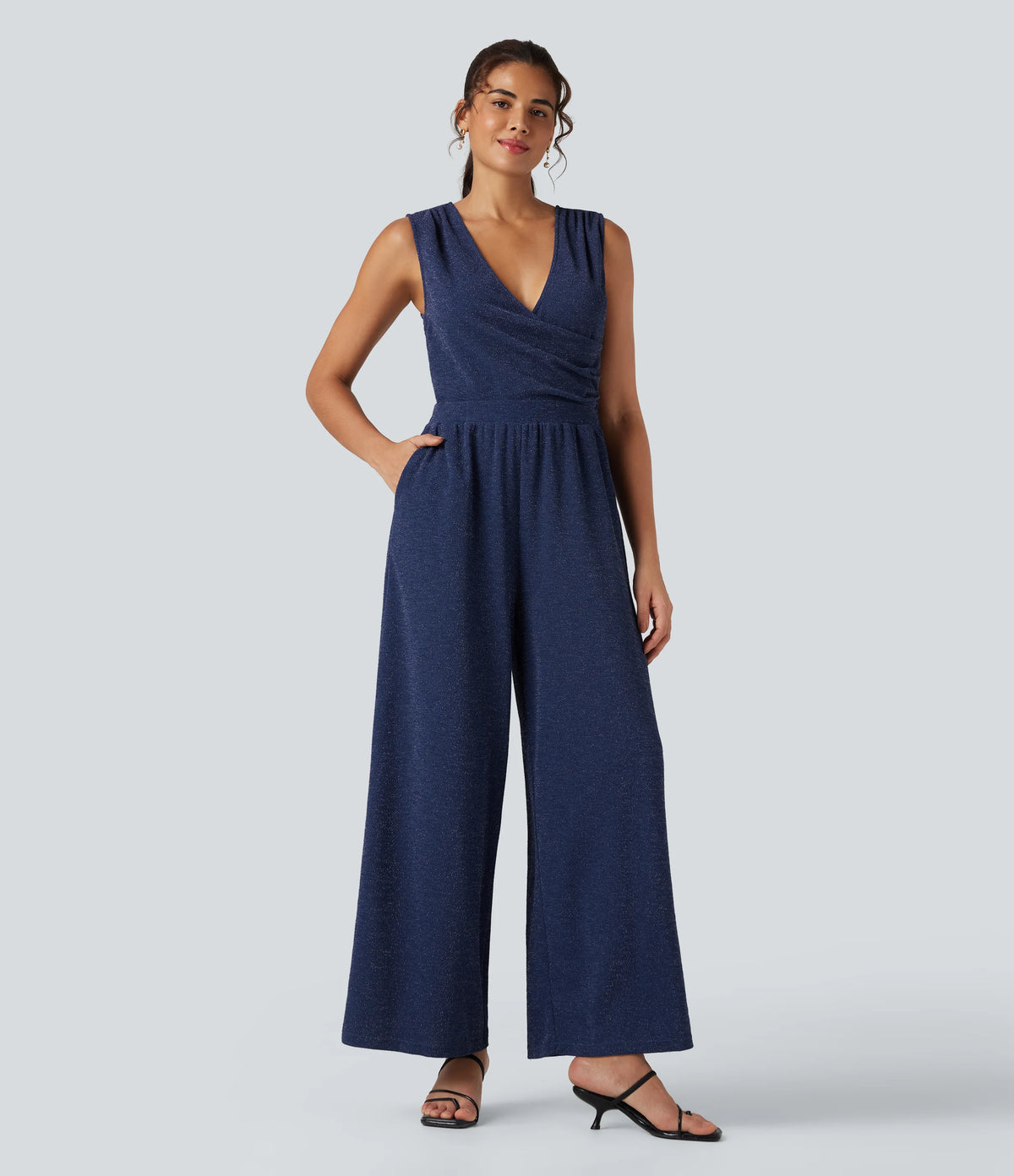 V Neck Sleeveless Tie Back Wide Leg Casual Sparkle Jumpsuit with Pockets-Easy Peezy Edition