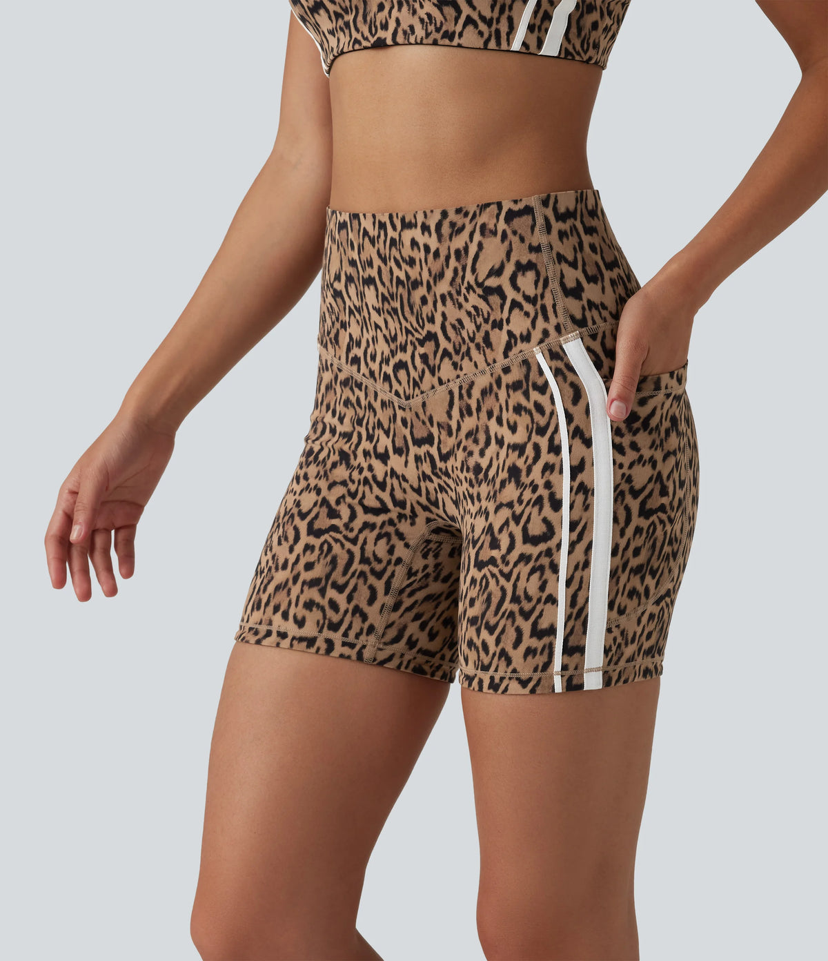 Halara UltraSculpt™ Leopard Print High Waisted Tummy Control Color Block Stripe Training Biker Shorts 5'' with Pockets