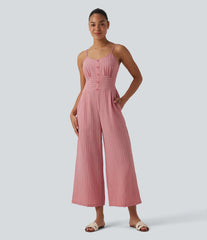 Tie Back Cut Out Stripe Linen-Feel Slip Jumpsuit with Pockets
