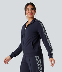 Stand Collar Contrast Leopard Casual Jacket with Pockets