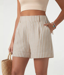 High Waisted Stripe Casual Linen-Feel Shorts with Pockets