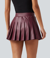 High Waisted Pleated 2-in-1 Stretchy PU Micro Mini Party Skirt with Pocket