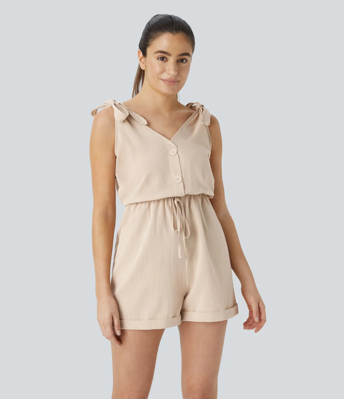 Decorative Drawstring Pocket Casual Linen-Feel Jumpsuit