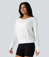 Scoop Neck Long Sleeve Thumb Holes Quick Dry Yoga Sports Top