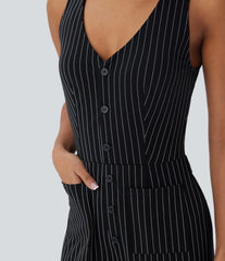 V Neck Sleeveless Cut Out Pockets Wide Leg Stripe InstantCool Work Jumpsuit