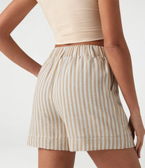 High Waisted Stripe Casual Linen-Feel Shorts with Pockets