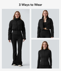 PuffFlex 3-in-1 Stand Collar Casual Cropped Puffer Coat & Thumb Holes Curved Hem Jacket with Pocket